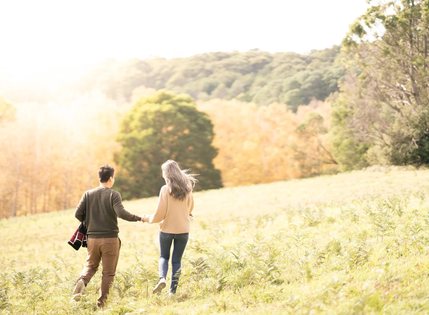Couple walking hand in hand across a sunlit hillside
