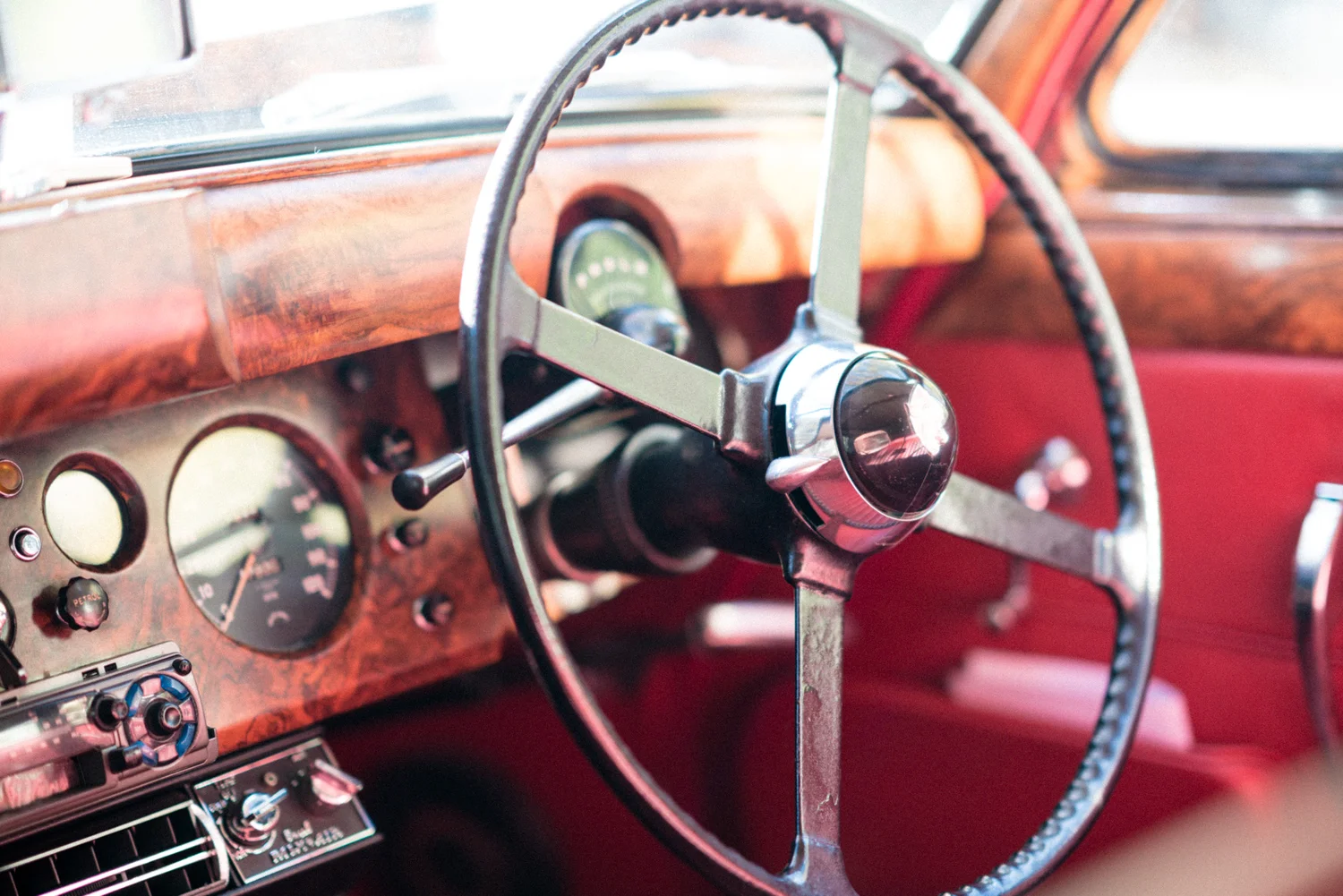 Detail of a red vintage wedding car interior