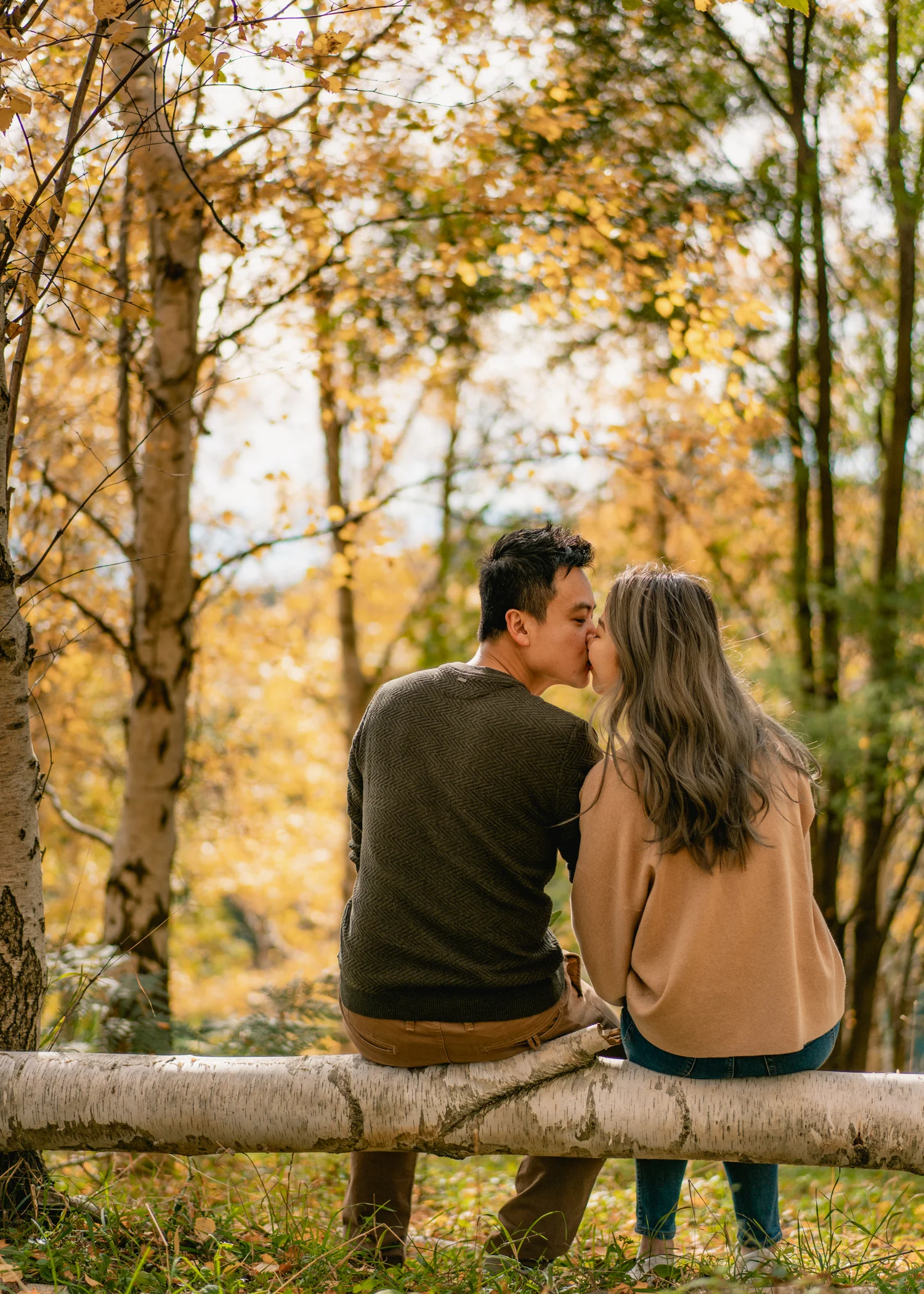 Couple sitting together beneath golden trees