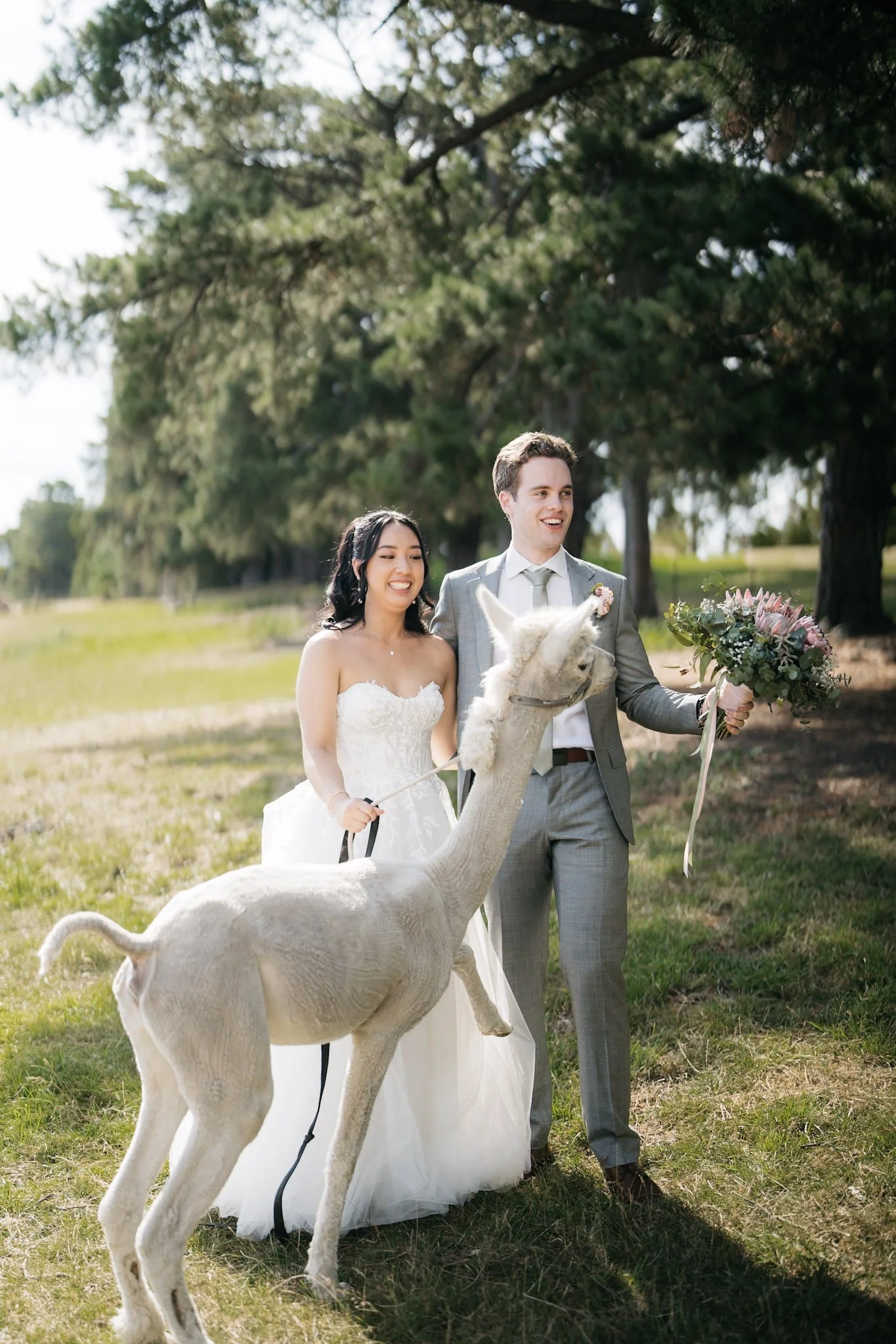 Newlyweds running hand in hand across a lawn