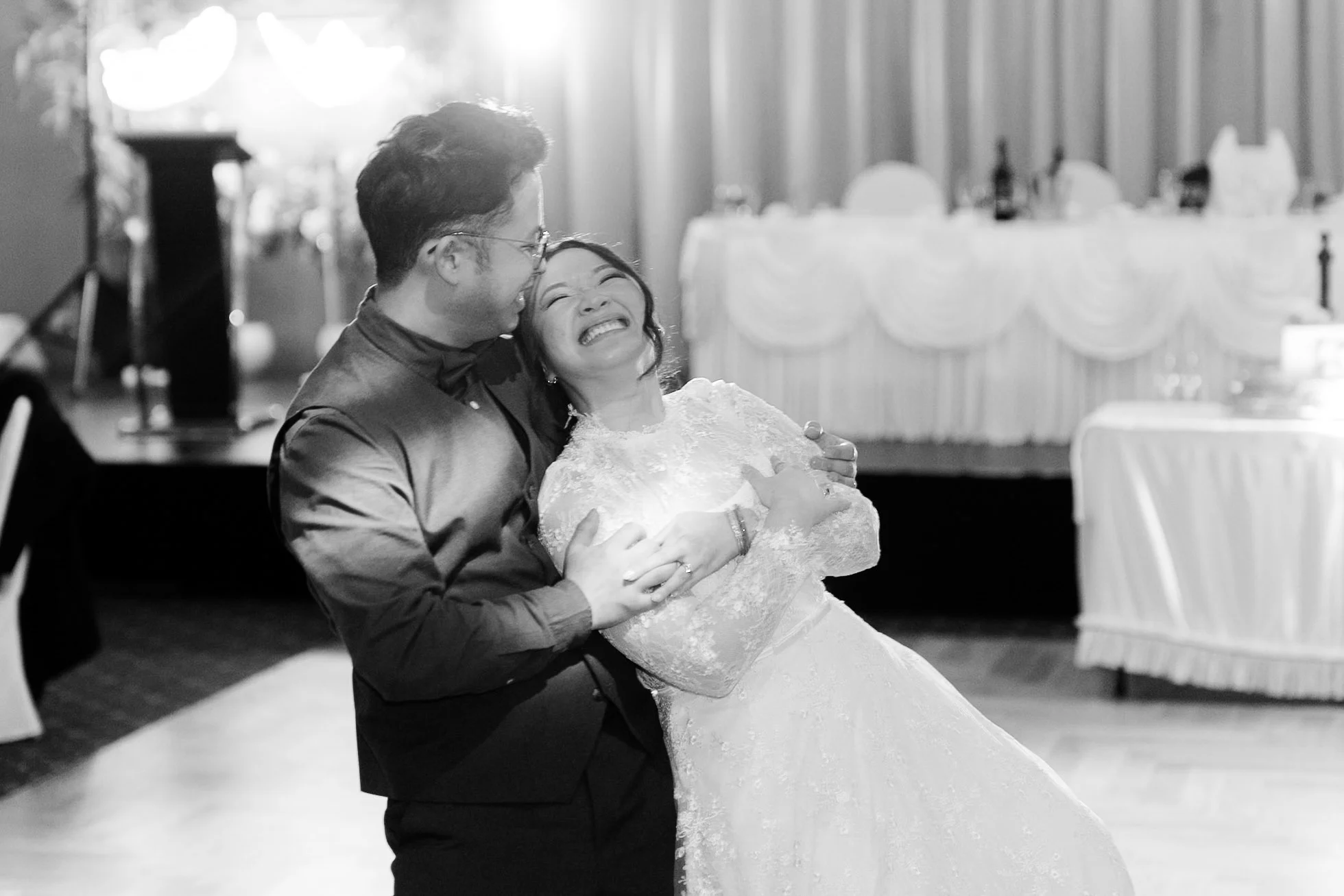 Ron and Joy laughing together during their first dance